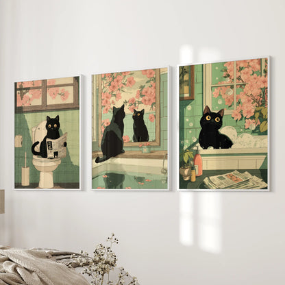 Japanese Cat Wall Art Set of 3, Whimsical Bathroom and Bedroom Decor Prints
