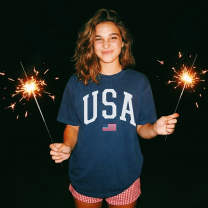 USA Varsity Graphic Tee White Letter Patriotic Shirt