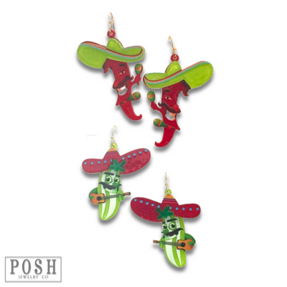 Fiesta Acrylic Drop Earrings, Pepper or Pickle with Sombrero