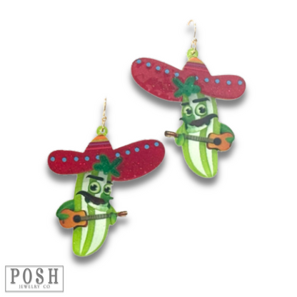 Fiesta Acrylic Drop Earrings, Pepper or Pickle with Sombrero
