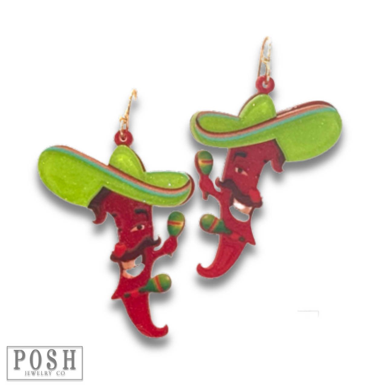 Fiesta Acrylic Drop Earrings, Pepper or Pickle with Sombrero
