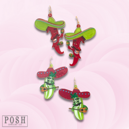 Fiesta Acrylic Drop Earrings, Pepper or Pickle with Sombrero