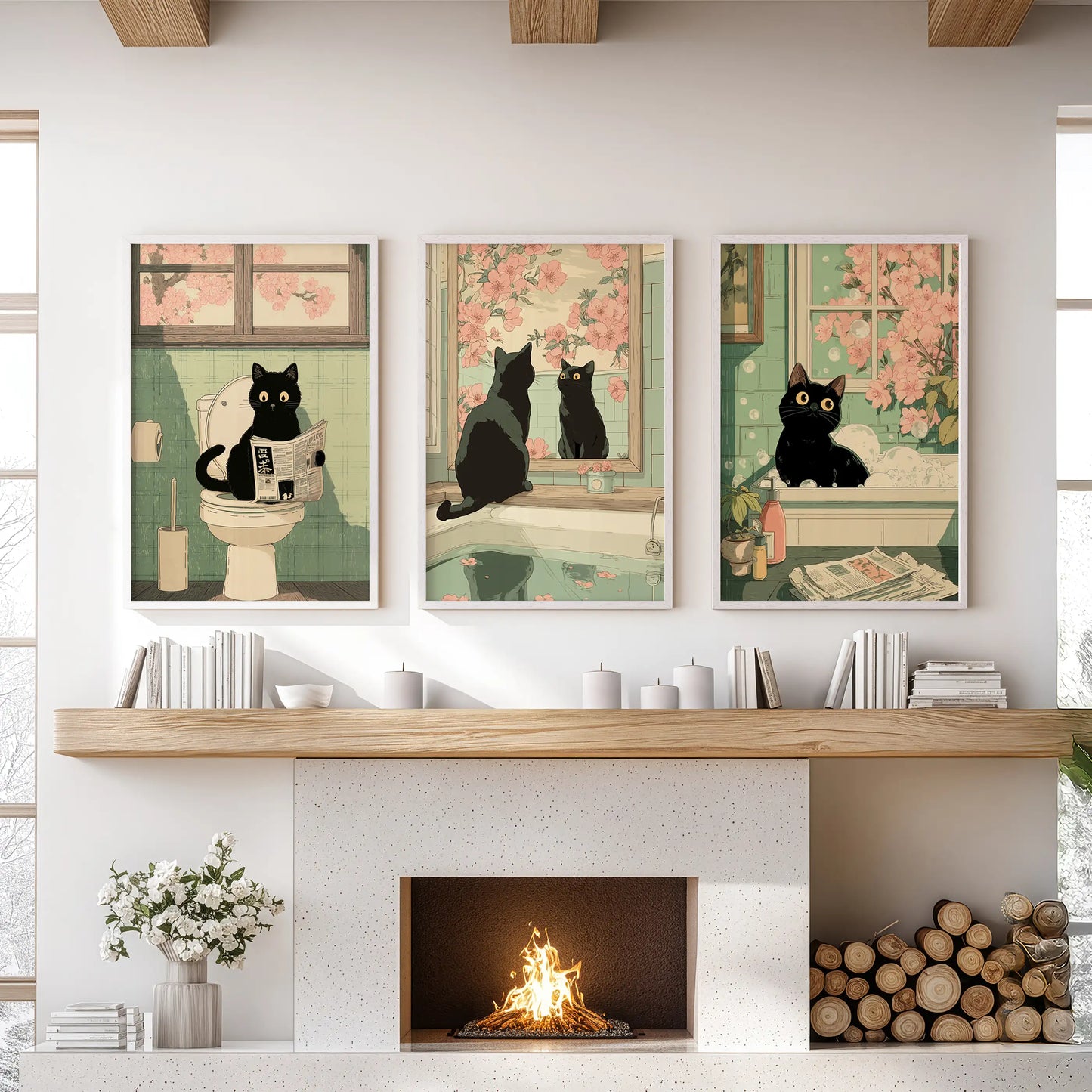 Japanese Cat Wall Art Set of 3, Whimsical Bathroom and Bedroom Decor Prints