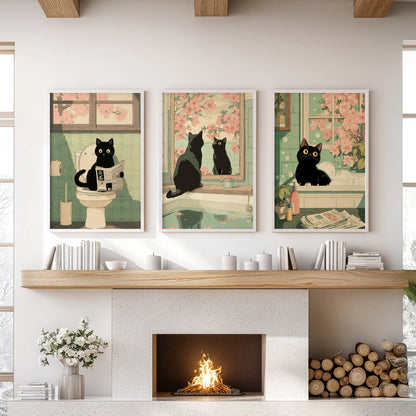 Japanese Cat Wall Art Set of 3, Whimsical Bathroom and Bedroom Decor Prints