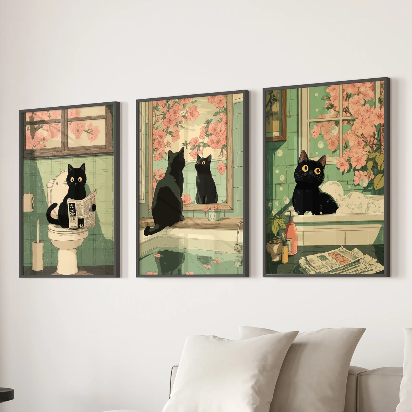 Japanese Cat Wall Art Set of 3, Whimsical Bathroom and Bedroom Decor Prints