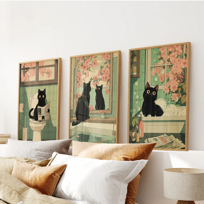 Japanese Cat Wall Art Set of 3, Whimsical Bathroom and Bedroom Decor Prints