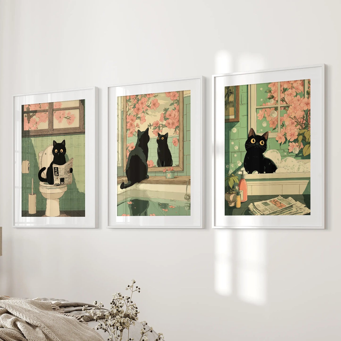 Japanese Cat Wall Art Set of 3, Whimsical Bathroom and Bedroom Decor Prints