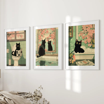 Japanese Cat Wall Art Set of 3, Whimsical Bathroom and Bedroom Decor Prints