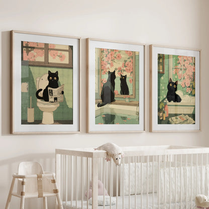 Japanese Cat Wall Art Set of 3, Whimsical Bathroom and Bedroom Decor Prints