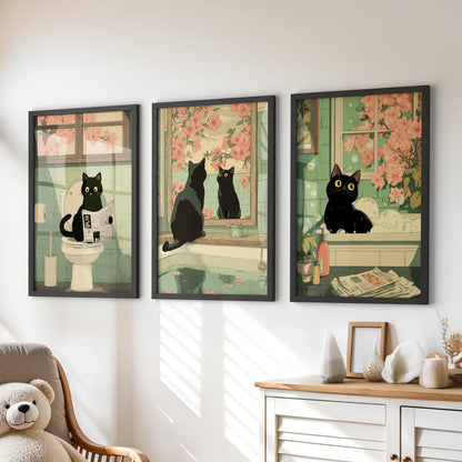 Japanese Cat Wall Art Set of 3, Whimsical Bathroom and Bedroom Decor Prints